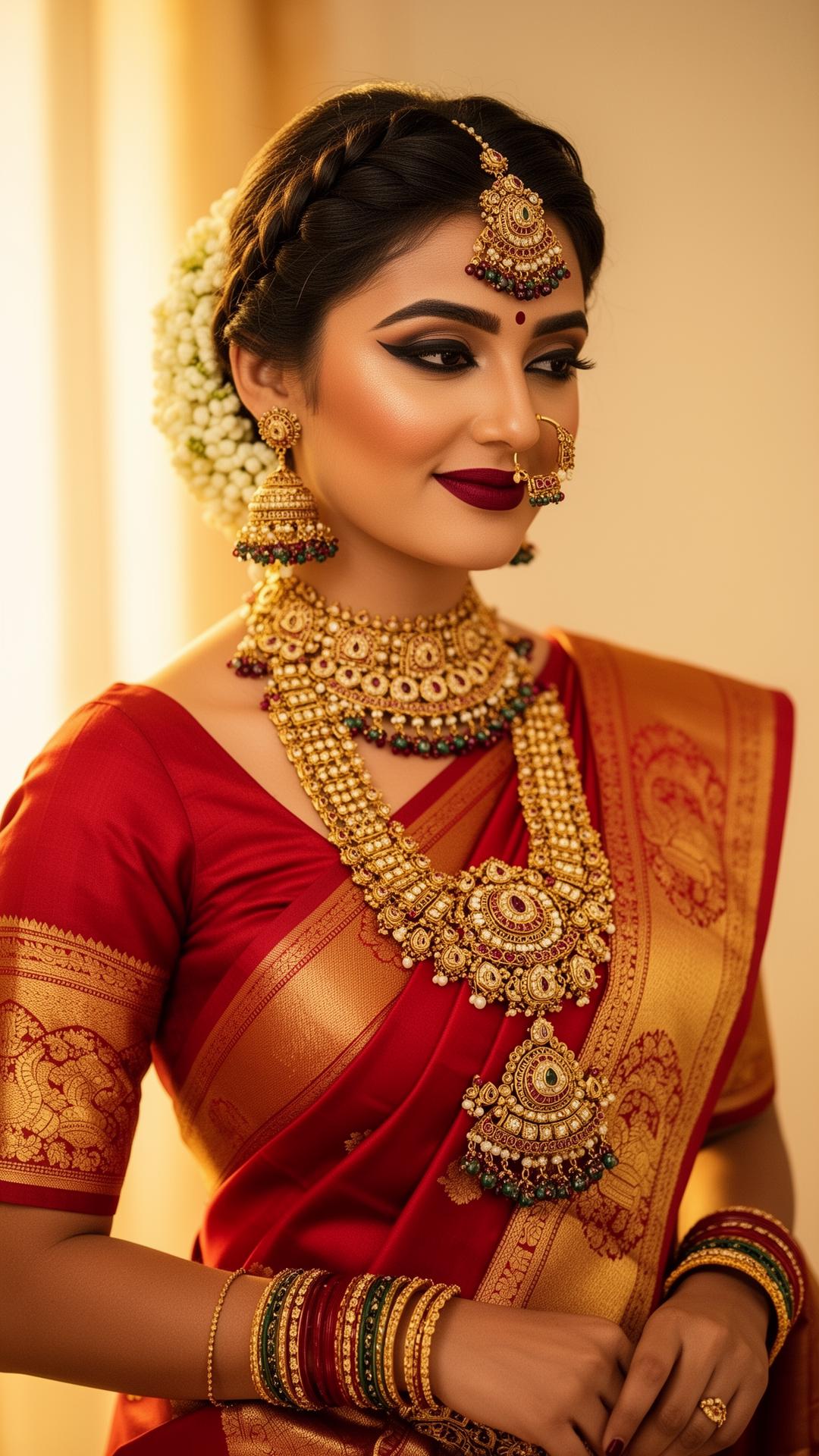 South Indian bride in red Kanjivaram silk saree and gold temple jewellery — Yuva's Makeover Studio, Chennai's best bridal makeup artist