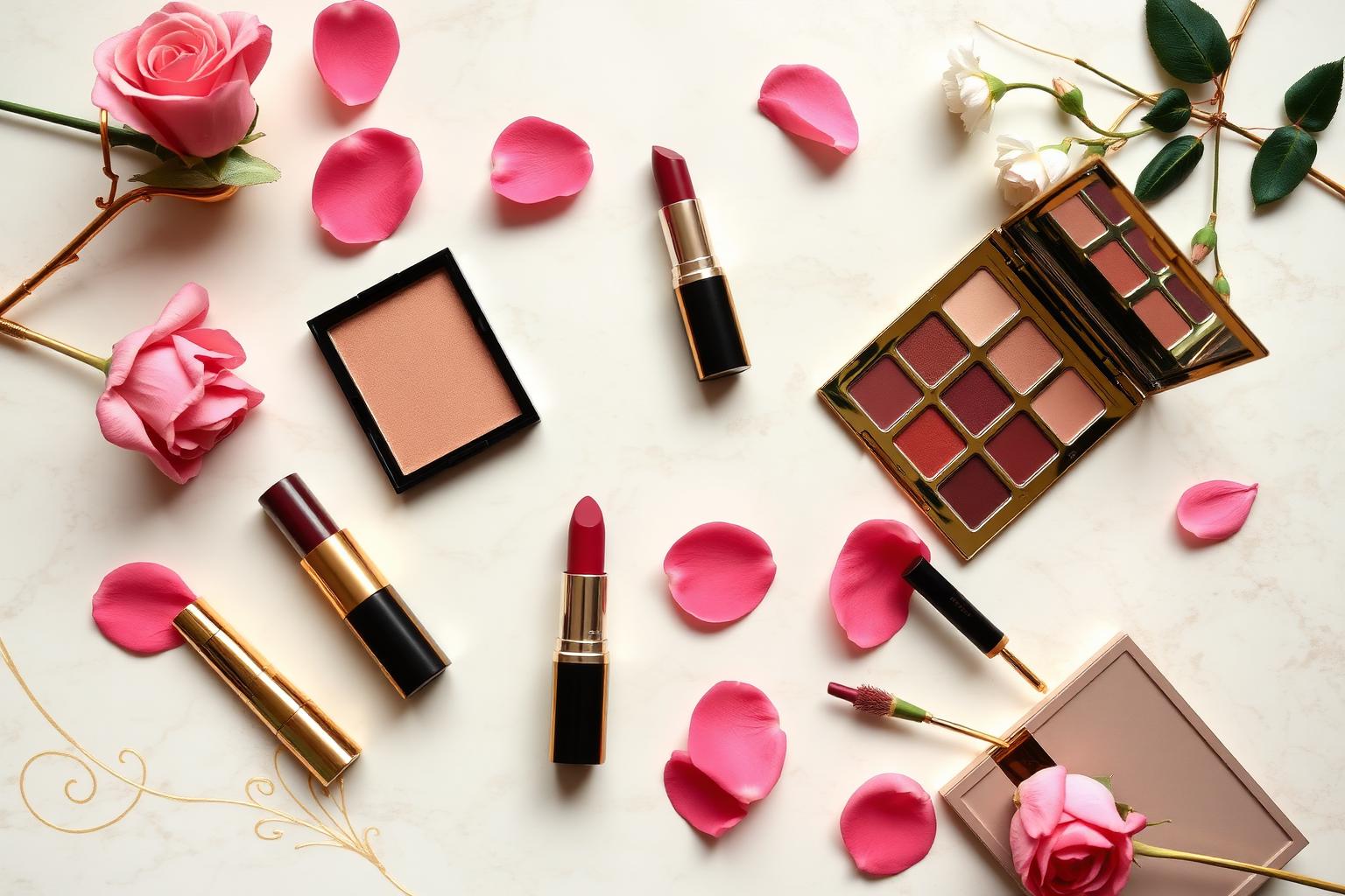 Luxury bridal makeup products flatlay — premium kit used by Yuva's Makeover Studio Chennai